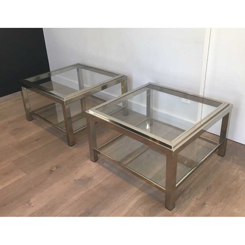 Pair of vintage chrome side tables with glass tops, 1970