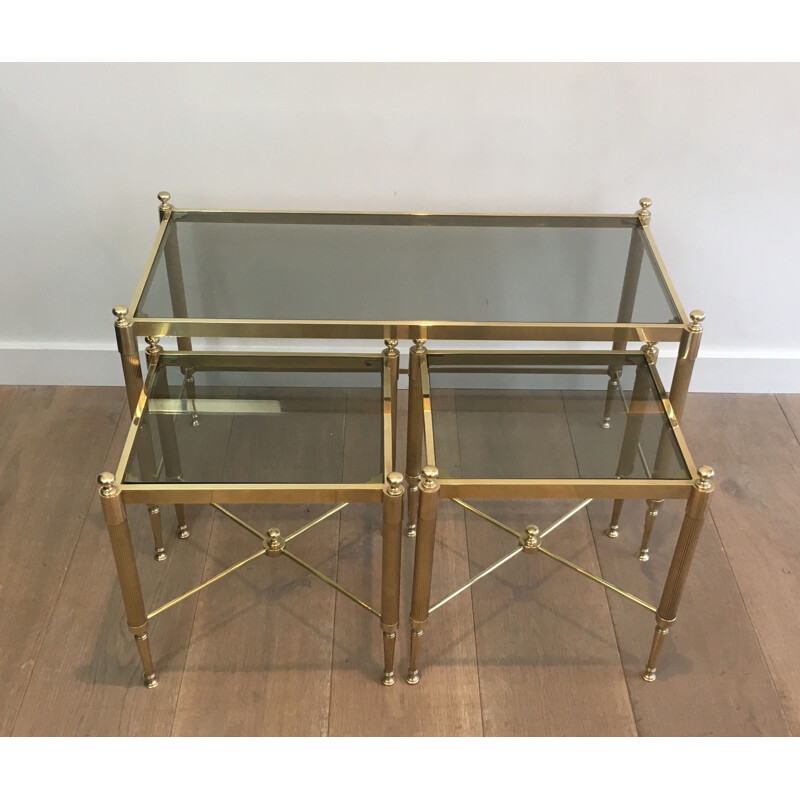 Vintage tripartite brass and glass nesting table, 1970