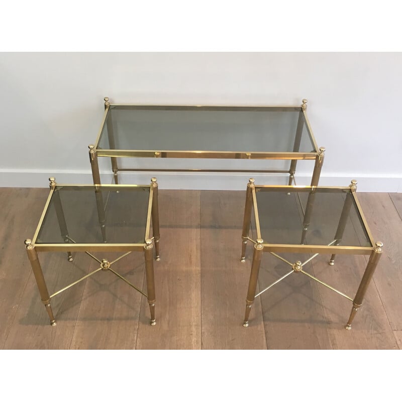 Vintage tripartite brass and glass nesting table, 1970