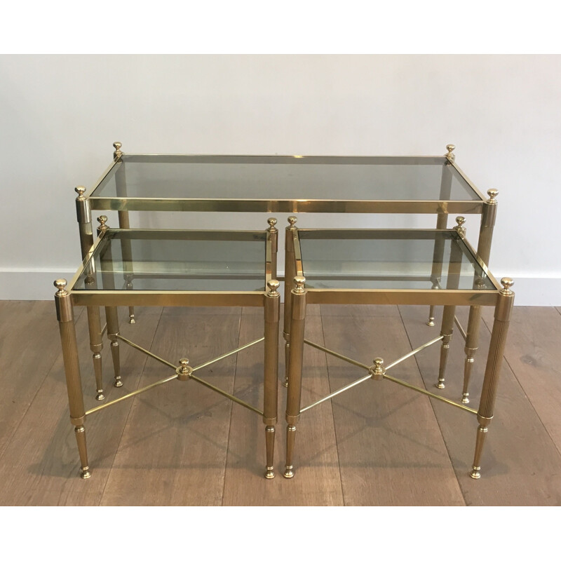 Vintage tripartite brass and glass nesting table, 1970