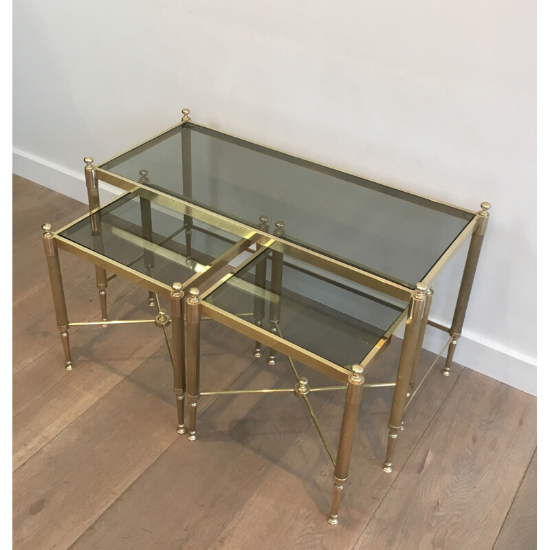 Vintage tripartite brass and glass nesting table, 1970