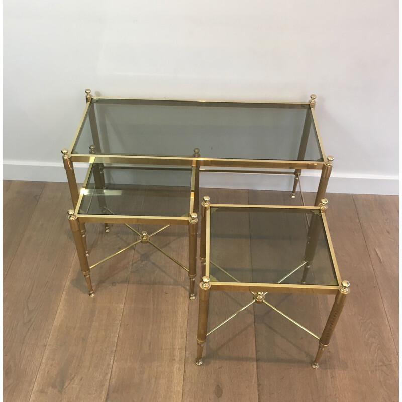 Vintage tripartite brass and glass nesting table, 1970