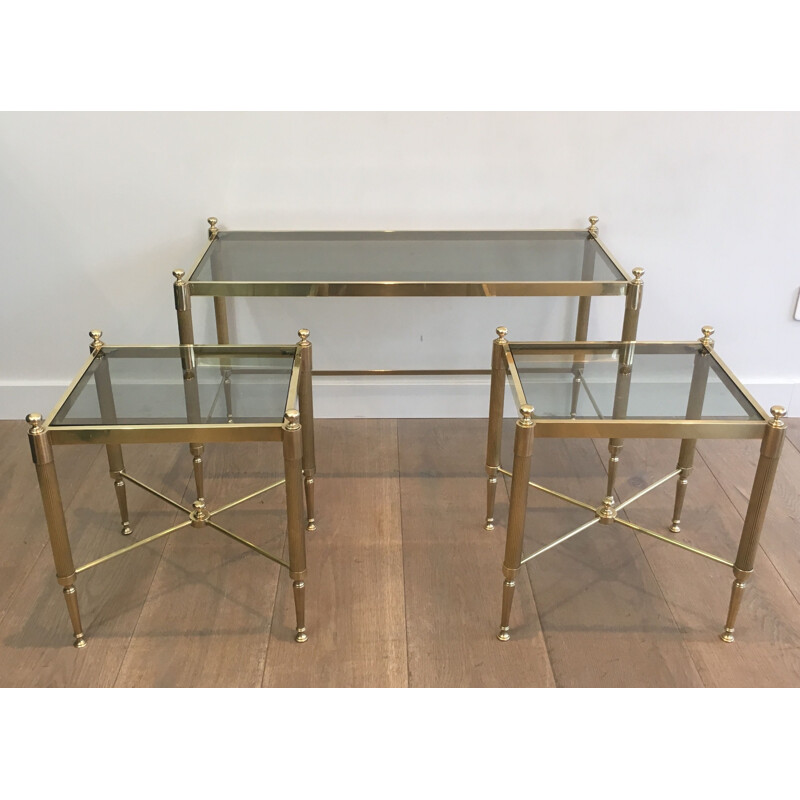 Tables gigogne vintage tripartite en laiton et verre, 1970