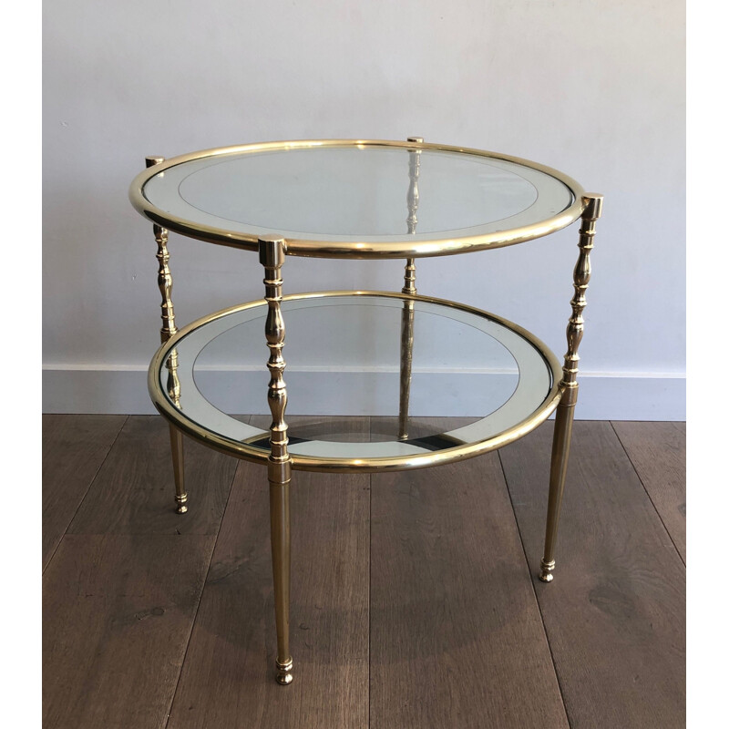 Round vintage brass pedestal table with glass tops surrounded by silver mirror, 1970