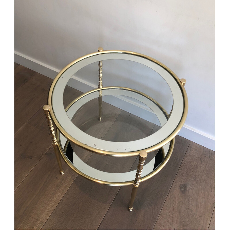 Round vintage brass pedestal table with glass tops surrounded by silver mirror, 1970