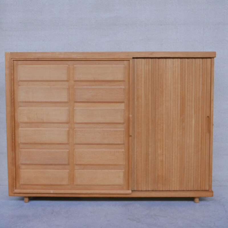 Oakwood mid-century cabinet with two sliding doors by Guillerme et Chambron, France 1960s