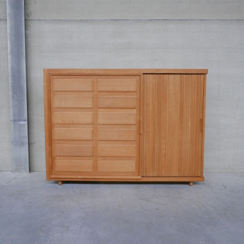 Oakwood mid-century cabinet with two sliding doors by Guillerme et Chambron, France 1960s