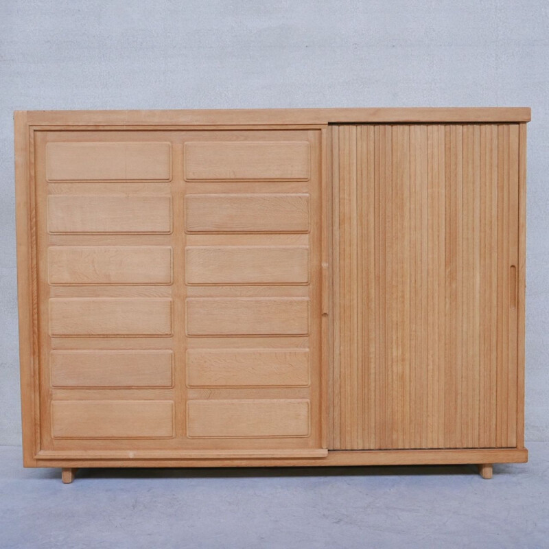 Oakwood mid-century cabinet with two sliding doors by Guillerme et Chambron, France 1960s