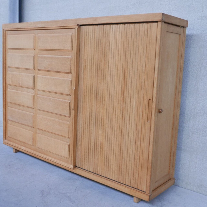 Oakwood mid-century cabinet with two sliding doors by Guillerme et Chambron, France 1960s