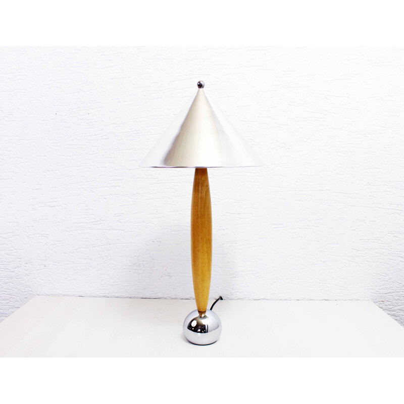 Vintage table lamp in beechwood and chromed metal, 1980