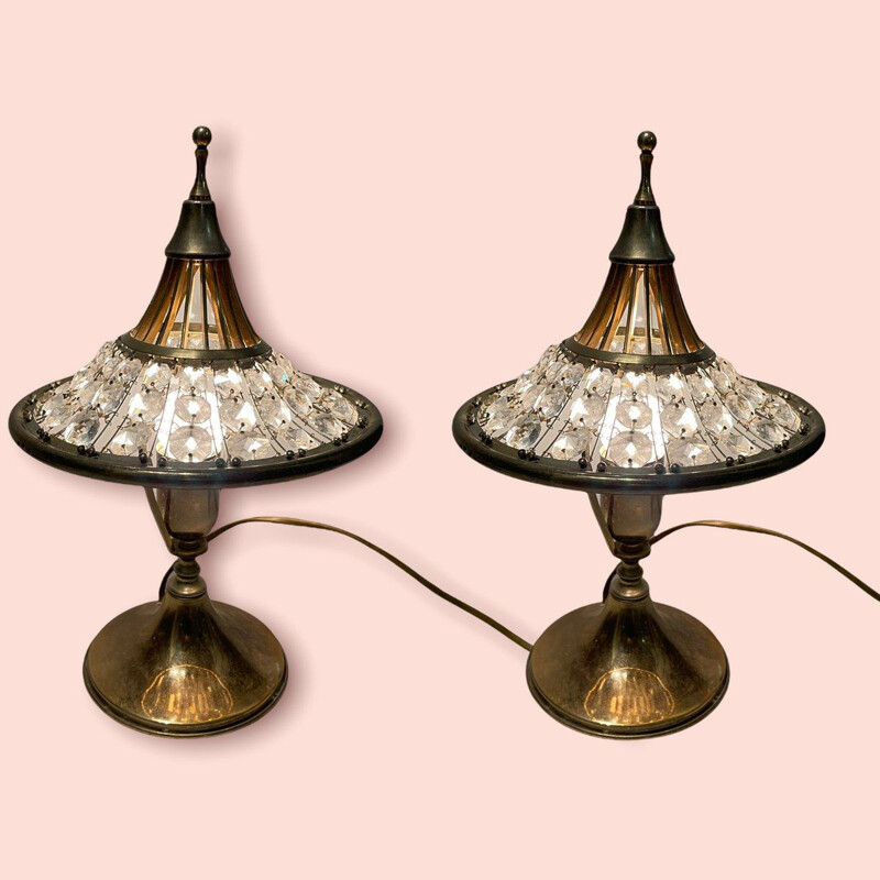 Paire de lampes de table vintage en laiton et cristal, 1960