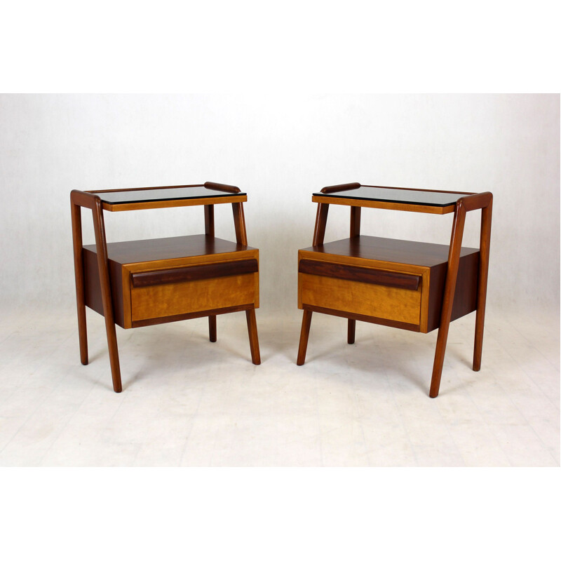 Pair of mid-century night stands with black glass tops by Jitona, 1960s