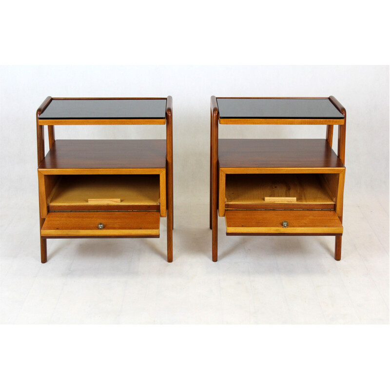 Pair of mid-century night stands with black glass tops by Jitona, 1960s
