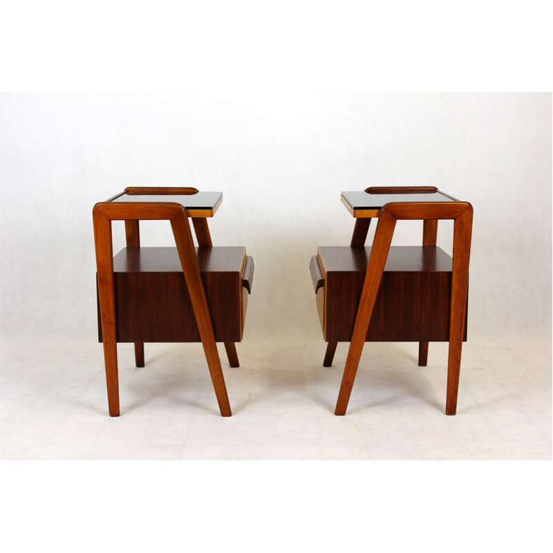 Pair of mid-century night stands with black glass tops by Jitona, 1960s