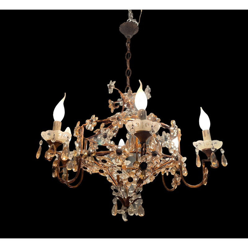 Vintage chandelier in pink murano glass with flowers, Italy 1950