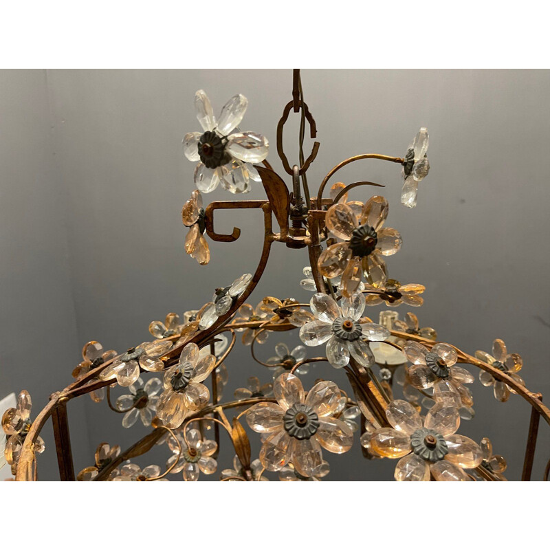 Vintage chandelier in pink murano glass with flowers, Italy 1950