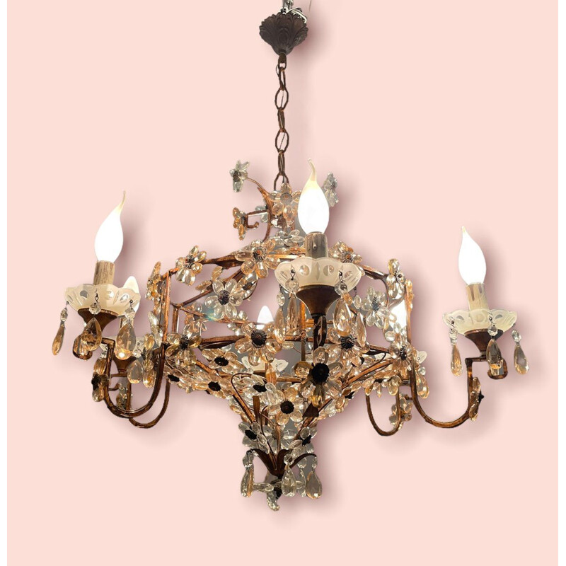 Vintage chandelier in pink murano glass with flowers, Italy 1950
