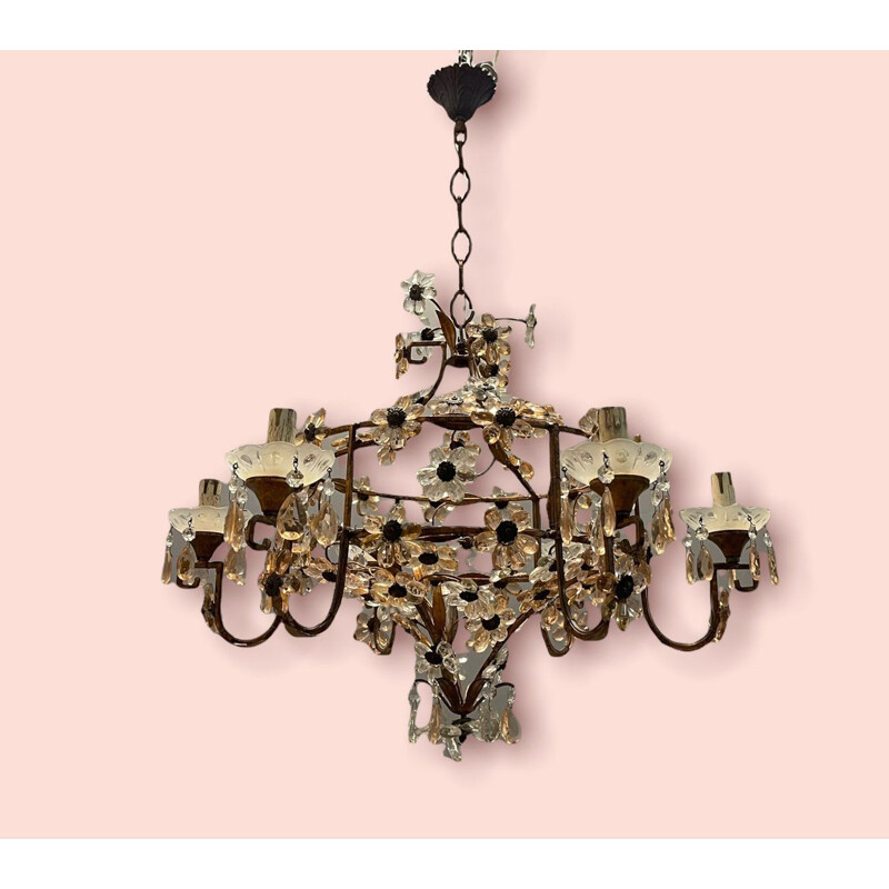 Vintage chandelier in pink murano glass with flowers, Italy 1950