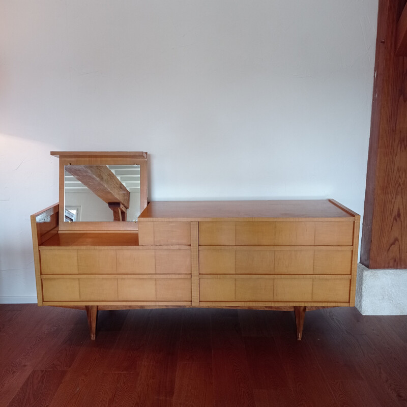 Vintage blond wood sideboard with 5 drawers, 1980