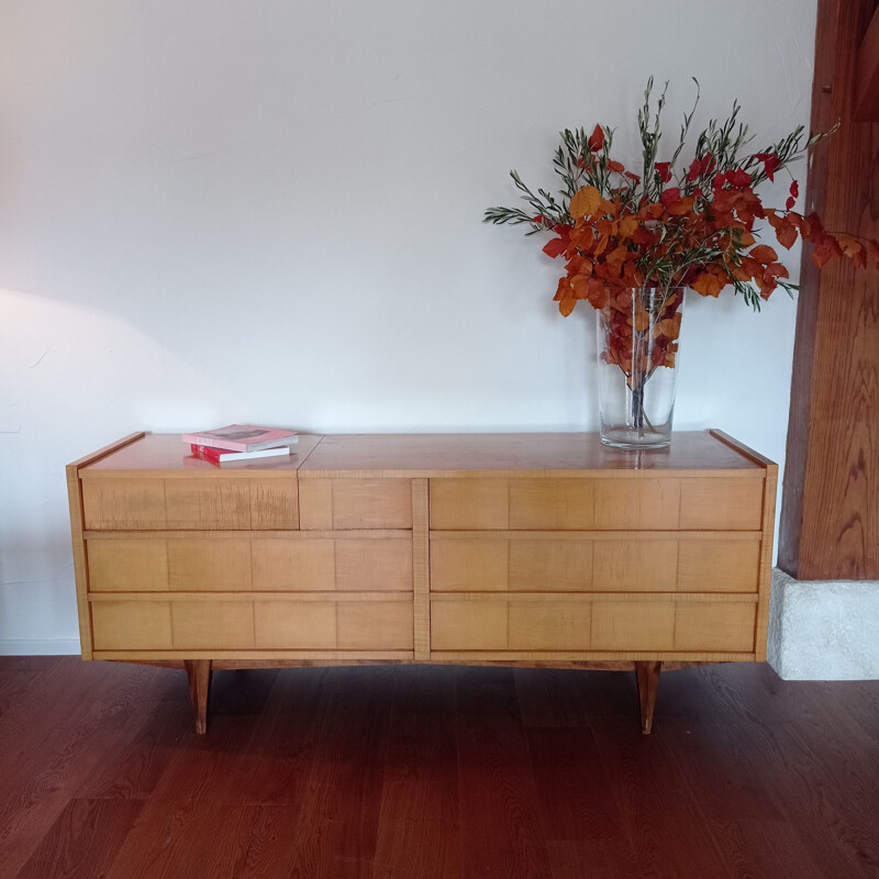 Vintage blond wood sideboard with 5 drawers, 1980