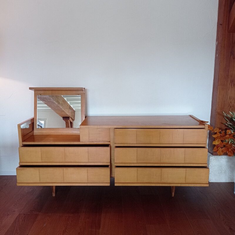 Vintage blond wood sideboard with 5 drawers, 1980