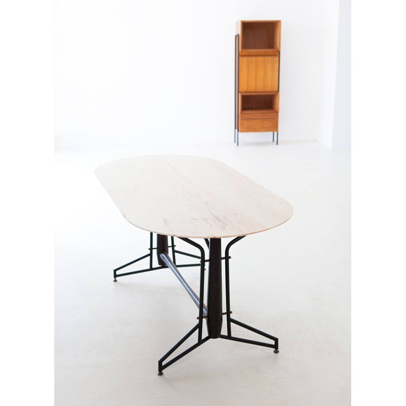 Italian vintage dining table with marble top and iron and wood frame, 1950s