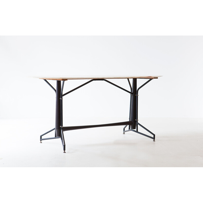 Italian vintage dining table with marble top and iron and wood frame, 1950s