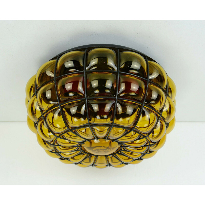 Vintage ceiling lamp in amber glass and metal, 1970s