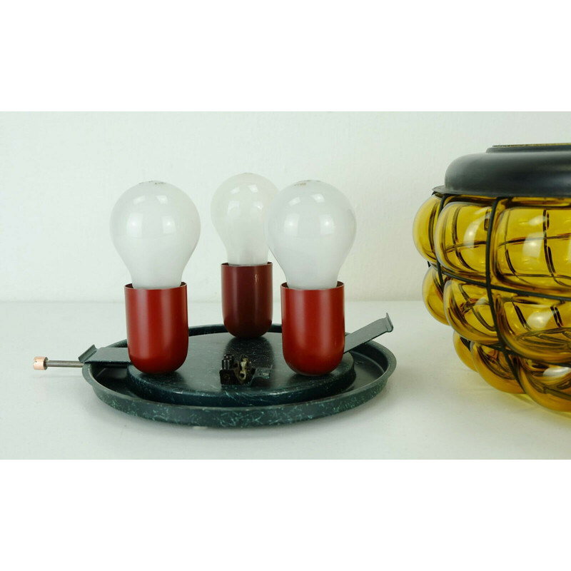 Vintage ceiling lamp in amber glass and metal, 1970s