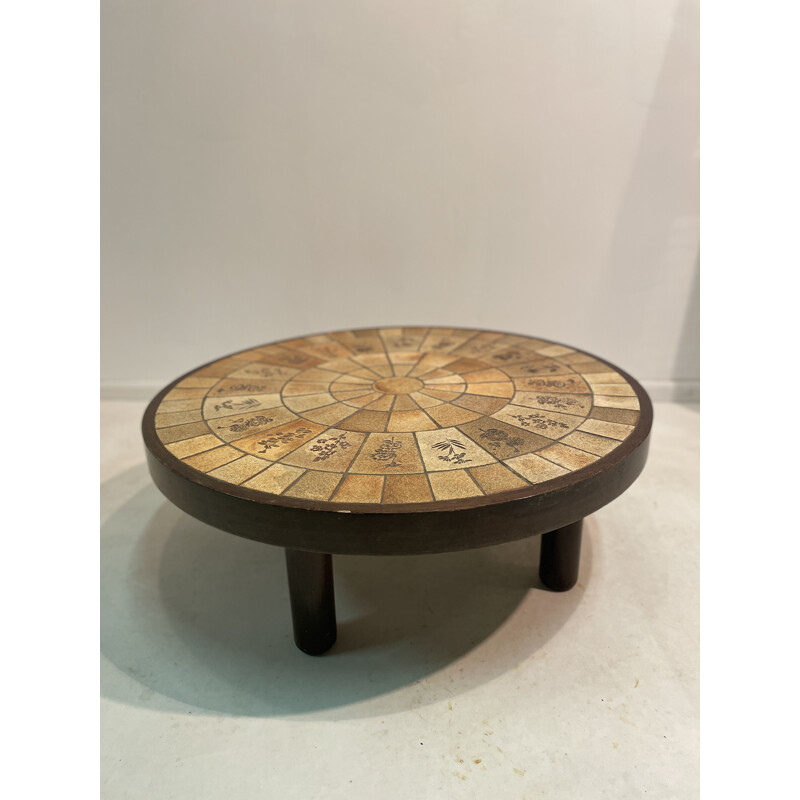 Table basse vintage en bois et céramiques DLG de Roger Capron