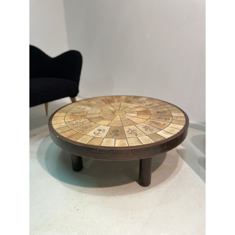 Vintage Dlg coffee table in wood and ceramics by Roger Capron