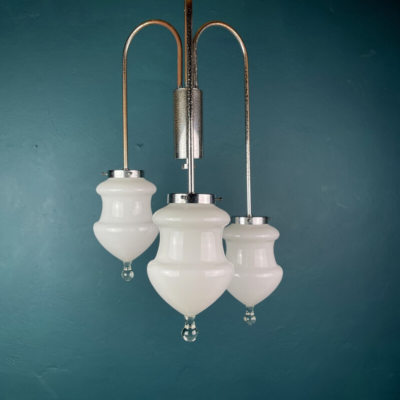 Lámpara de suspensión vintage de cristal de Murano blanco, Italia 1960