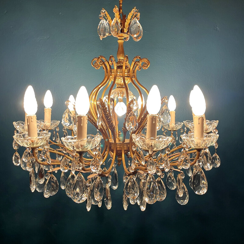 Le Marché Biron - 1950′ Lustre Cage en Cristal de Bohême 10 Bras 15 Lampes