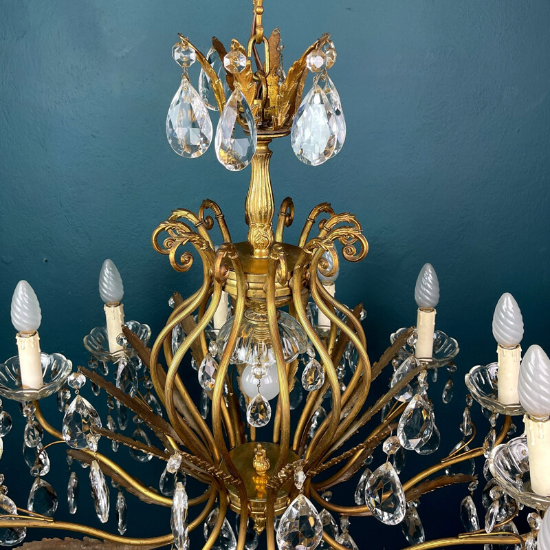 Araña vintage de cristal con 12 brazos de bronce macizo, Italia 1950