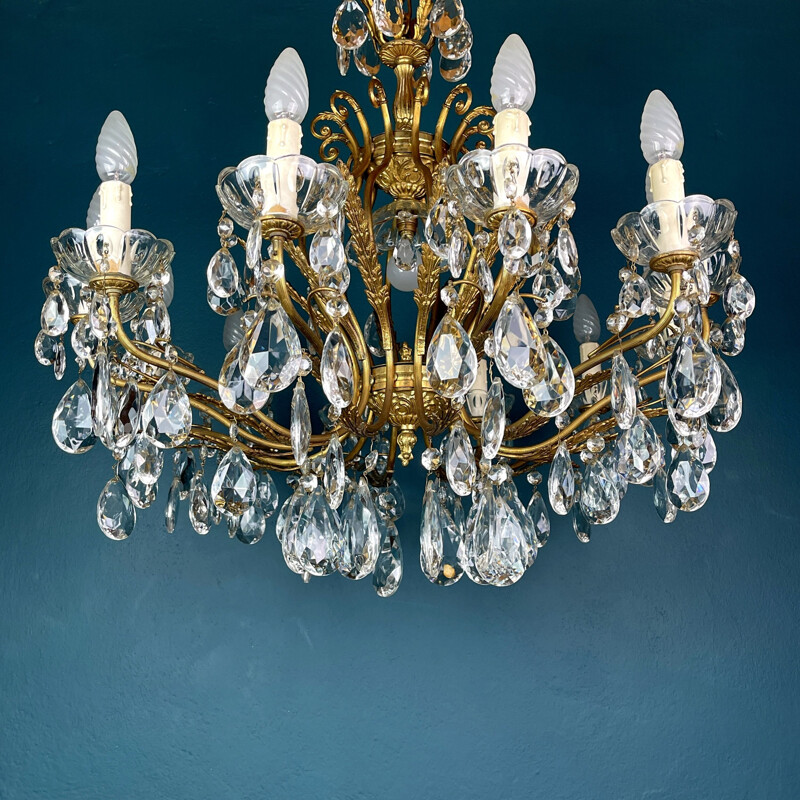Vintage crystal chandelier with 12 solid bronze arms, Italy 1950