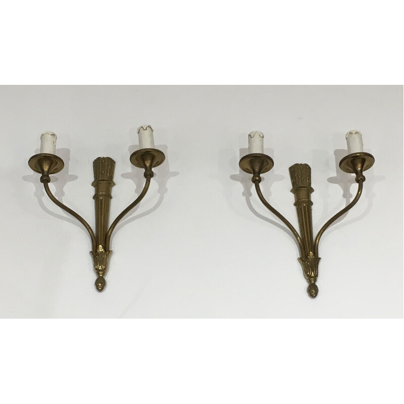 Pair of vintage bronze sconces with quivers and ribbons, France 1960