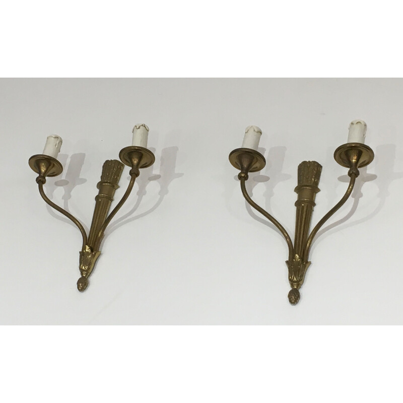 Pair of vintage bronze sconces with quivers and ribbons, France 1960