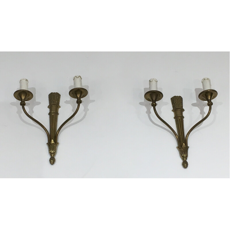 Pair of vintage bronze sconces with quivers and ribbons, France 1960