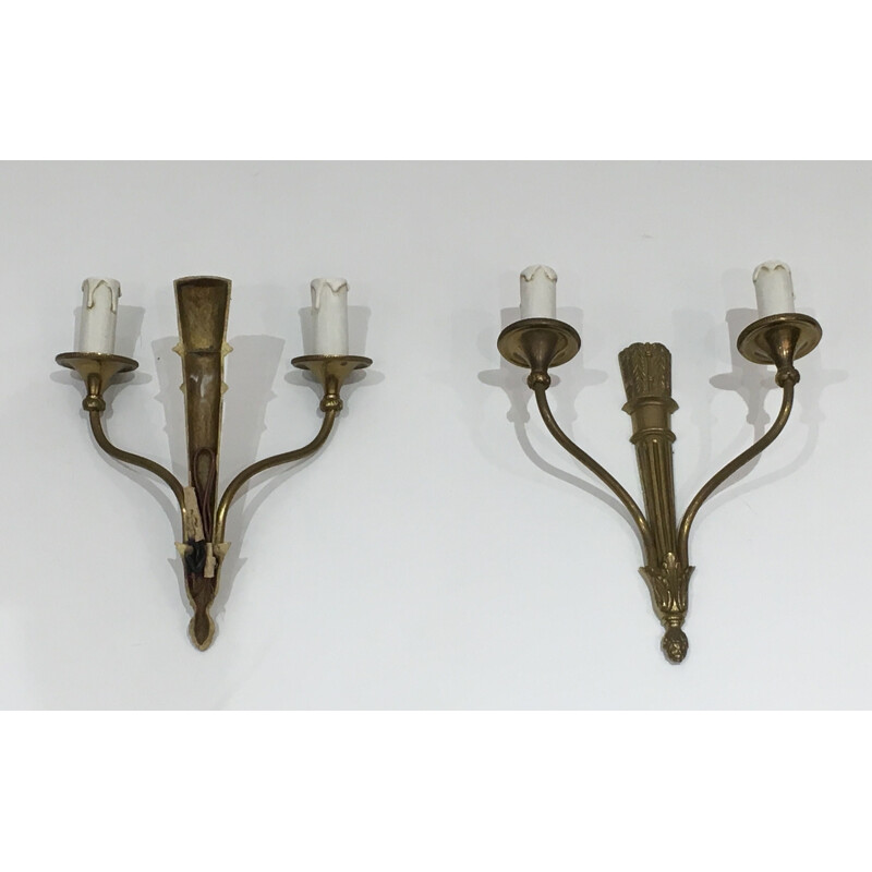 Pair of vintage bronze sconces with quivers and ribbons, France 1960