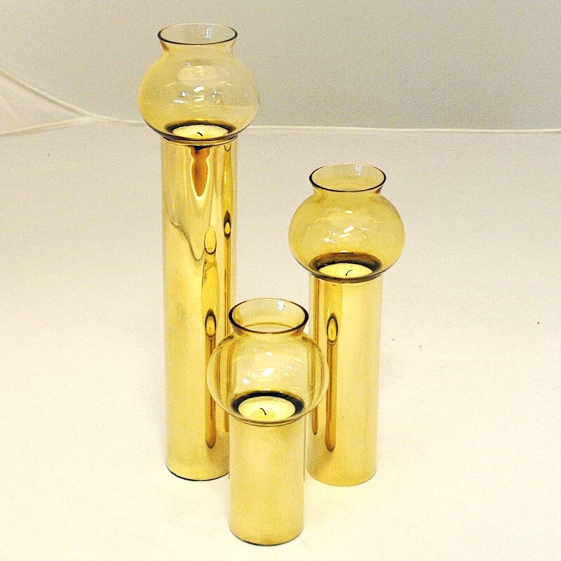 Set of 3 vintage scandinavian brass candlesticks with glass shades, 1960s