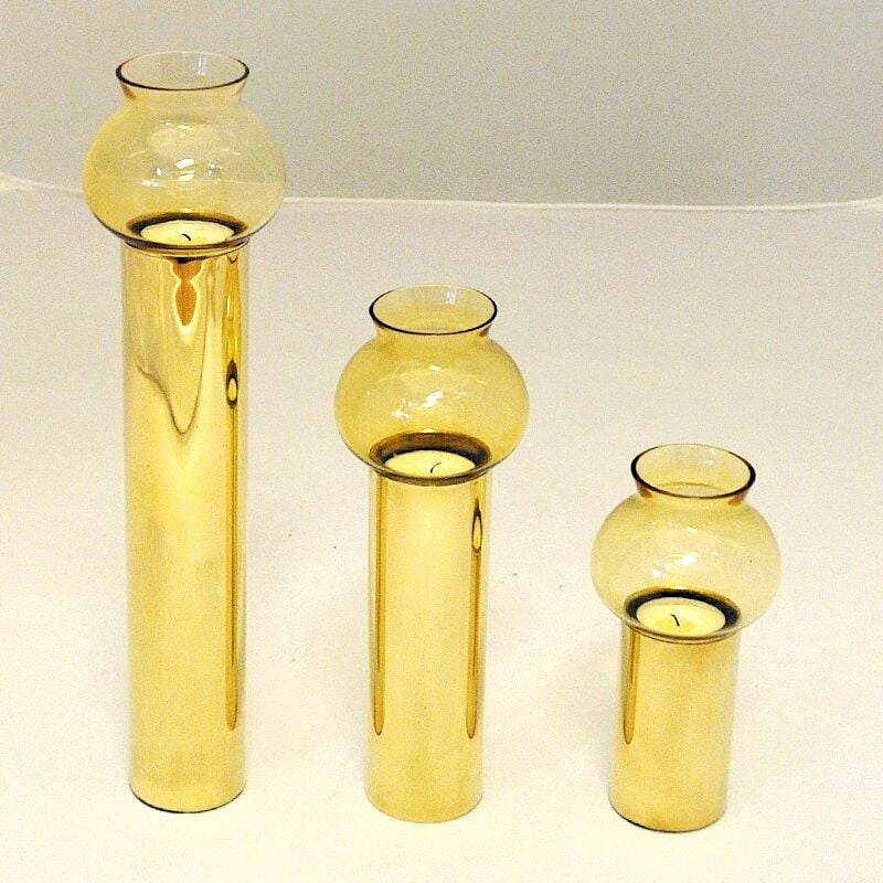 Set of 3 vintage scandinavian brass candlesticks with glass shades, 1960s