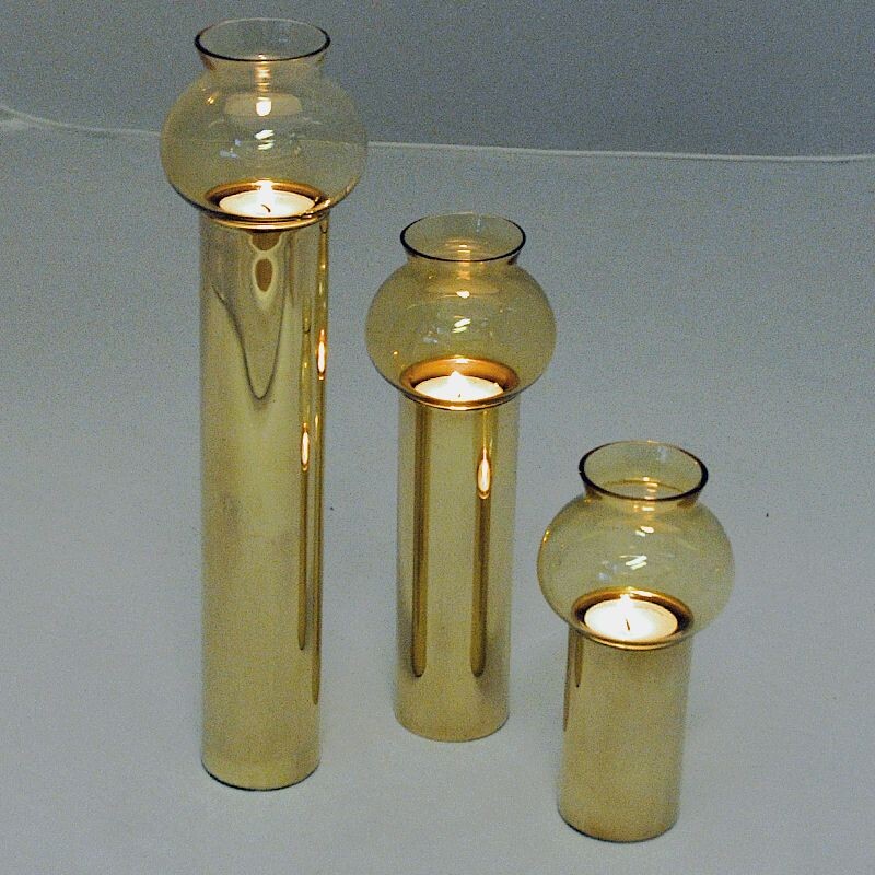 Set of 3 vintage scandinavian brass candlesticks with glass shades, 1960s