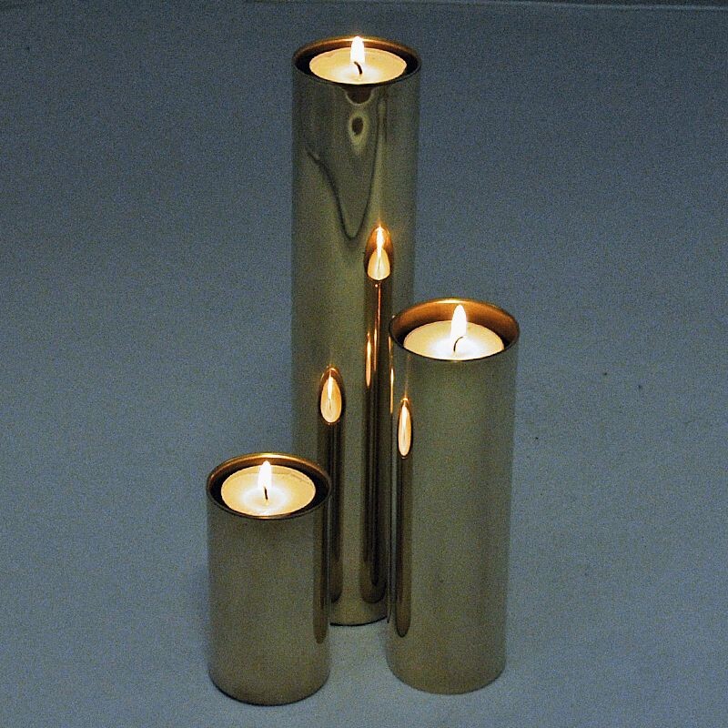 Set of 3 vintage scandinavian brass candlesticks with glass shades, 1960s