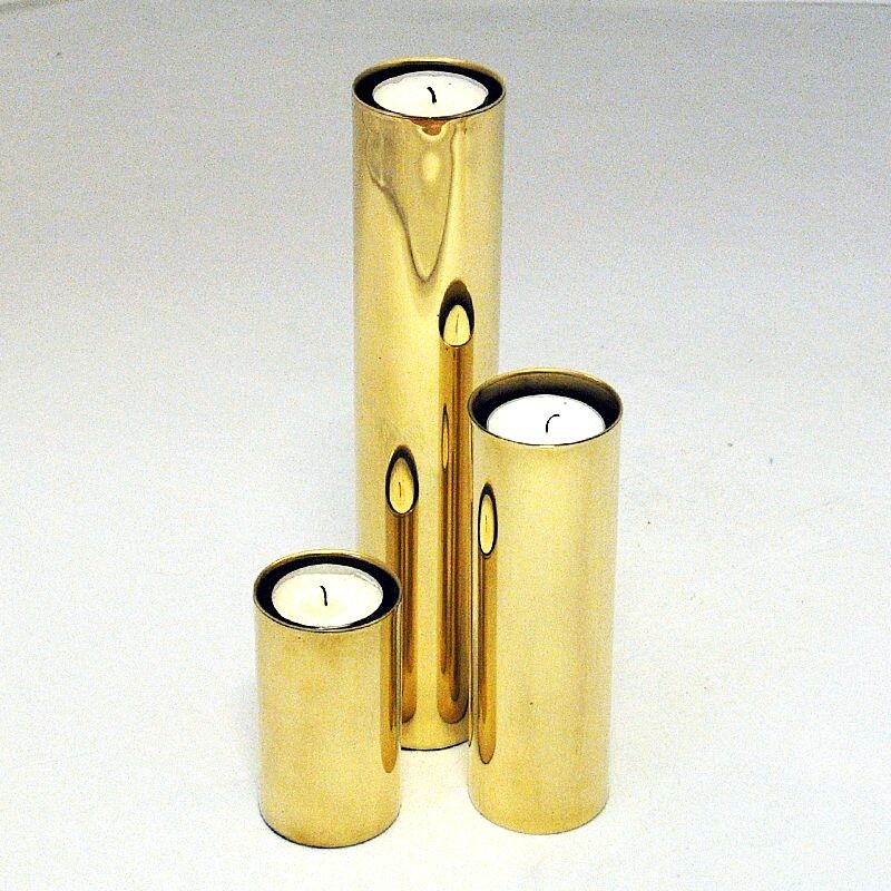 Set of 3 vintage scandinavian brass candlesticks with glass shades, 1960s