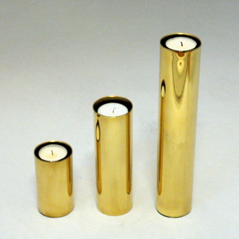Set of 3 vintage scandinavian brass candlesticks with glass shades, 1960s