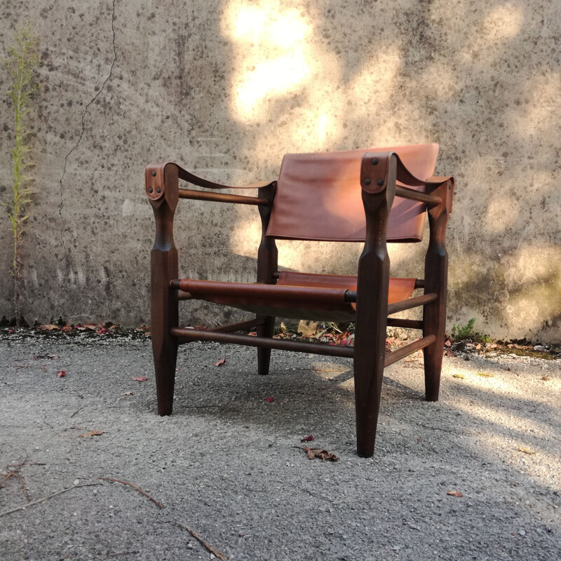 Fauteuil Safari vintage en cuir et simili