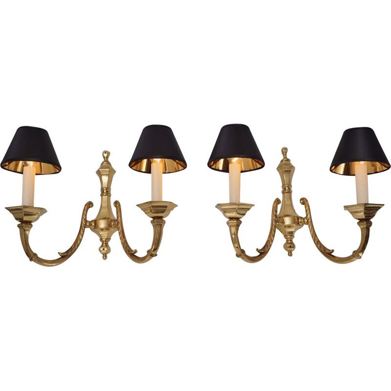 Pair of vintage brass wall lamps with twin arm, 1950s