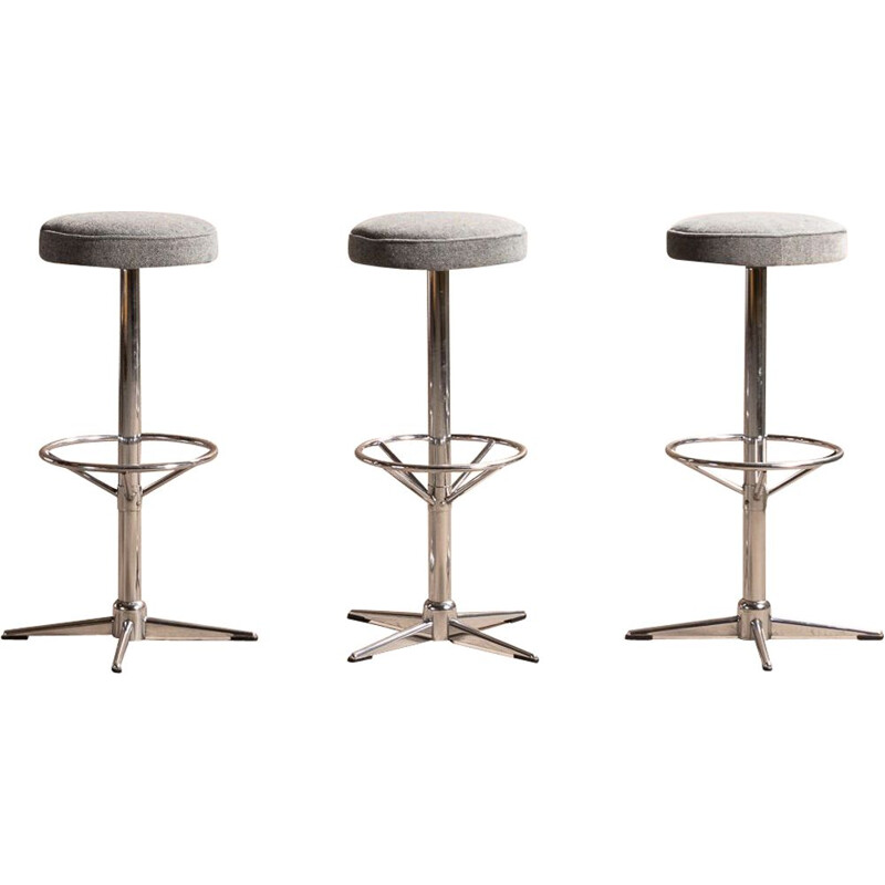 Vintage bar stool in blue-grey fabric with chrome steel legs