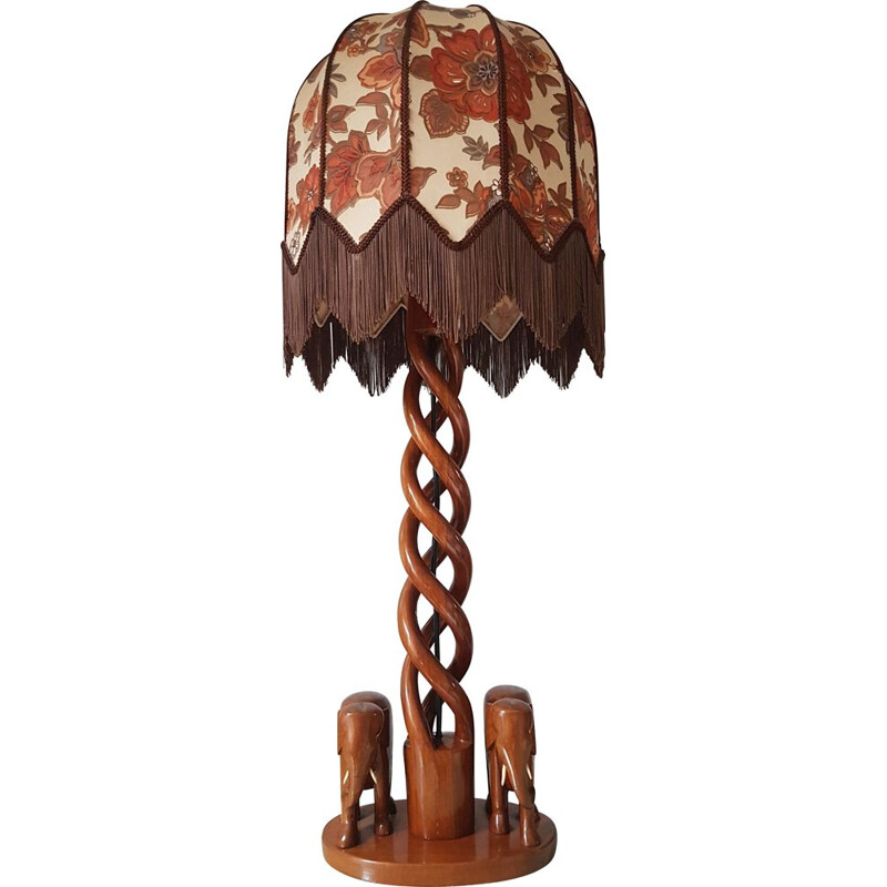 Vintage wooden table lamp with elephants and boho shade, 1970s