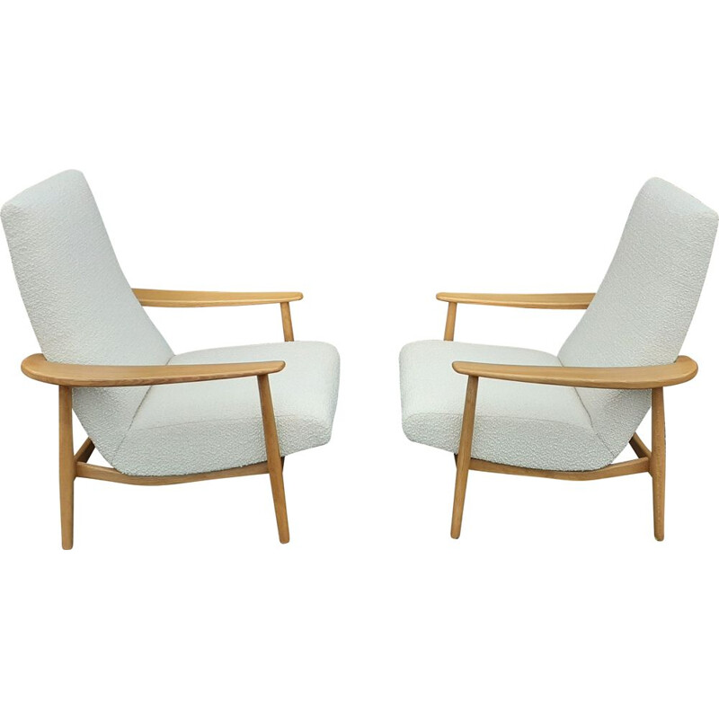 Pair of vintage armchairs in wood and loop pile fabric, 1950-1960